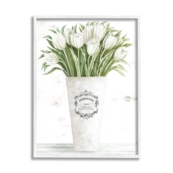 Stupell Industries White Tulip Bouquet in Parisian Vase Floral Arrangement Graphic Art White Framed Art Print Wall Art, 11x14, by Cindy Jacobs