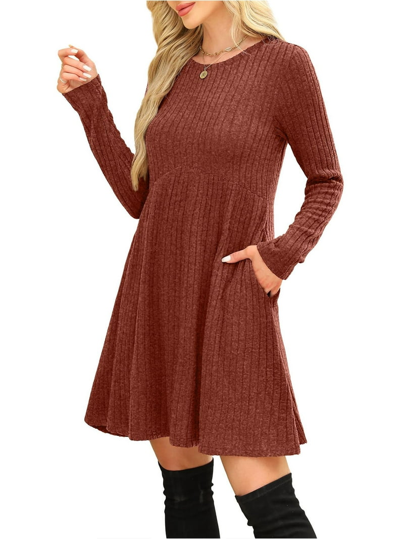 sweater dress empire waist Women Autumn Long Sleeve Ribbed Knit Midi Long Sweater Dress Mock Neck Slim Fit Pleated Flare Empire Waist Solid Color Stretchy Streetwear, Women's,