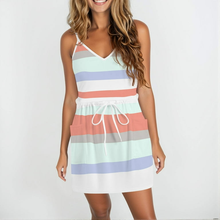 Summer Dress Sleeveless V-Neck Drawstring Waist Beach Cover up Mini Short Swing Dress with Pockets Summer Dress Sleeveless V-Neck Drawstring Waist Beach Cover up Mini Short Swing Dress with Pockets
