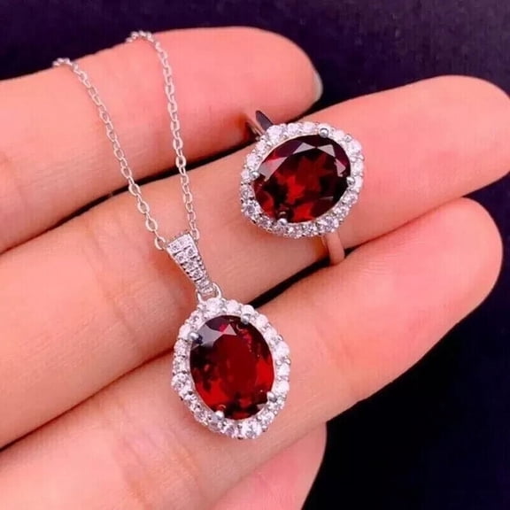 Lab Created Red Garnet 3Ct Oval Cut 14K White Gold Plated Women's Jewelry Set