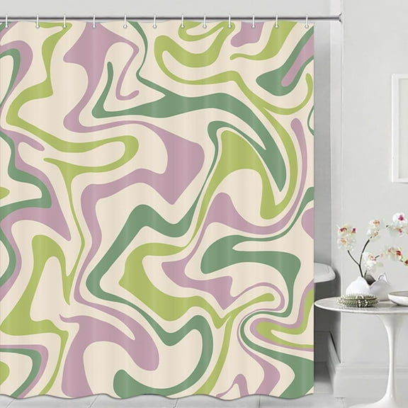 Sage Green Shower Curtain for Bathroom, Cute Aesthetic 72S Abstract Wavy Swirl Bath Curtain Liner, Colofor Fun Pastel Vintage Purple Retro Boho Minimal Teen Girls Restroom Decor Accessories with Hooks