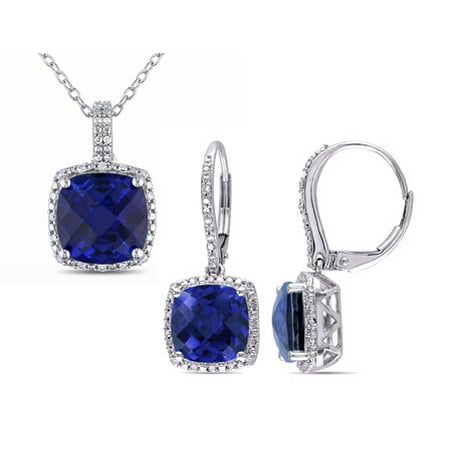 Tangelo 12-1/5 Carat T.G.W. Created Blue Sapphire and 1/3 Carat T.W. Diamond Sterling Silver 2-piece Square Halo Pendant and Earrings Set