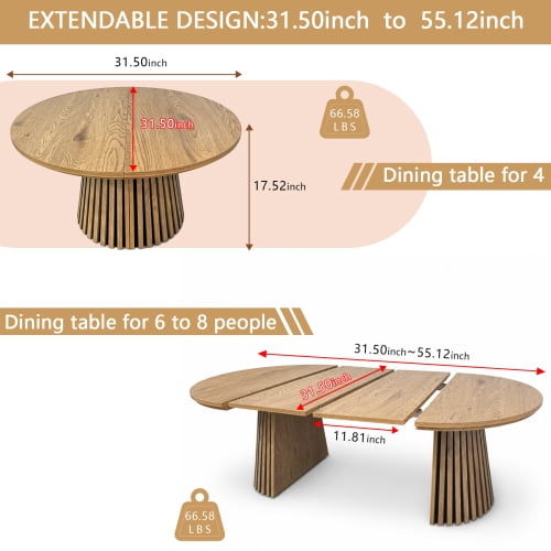 Modern Oval Extendable Wood Coffee Table, Slatted Legs, Multi-Functional Center Table for Living Room or Office, 31.5"–55.12" L, Nature