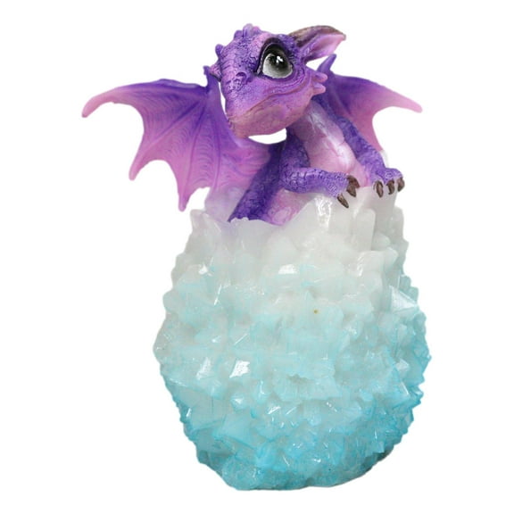 Whimsical Cute Purple Baby Dragon Hatchling in LED Crystal Icicles Egg Figurine
