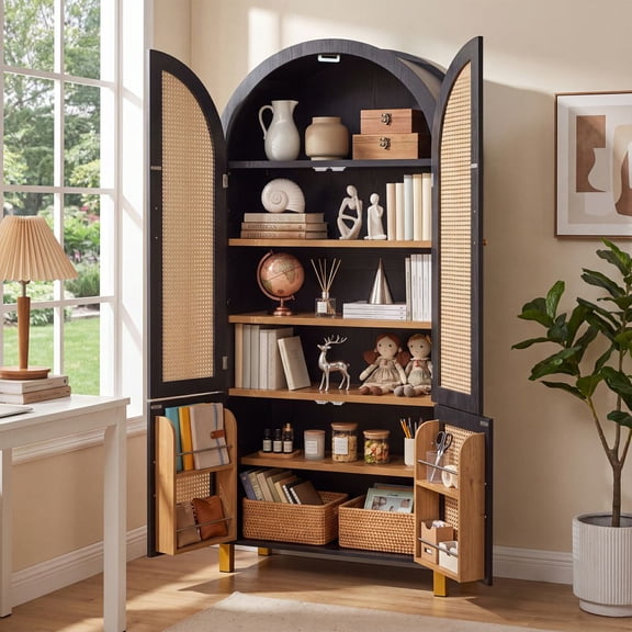 MIDOQIN 70.8" Arched Bookshelf, 6 Tiers Modern Farmhouse Arch Bookcase Storage Cabinet with 4 Rattan Doors, Adjustable Shelves & Built-In Racks for for Living Room, Study, Black