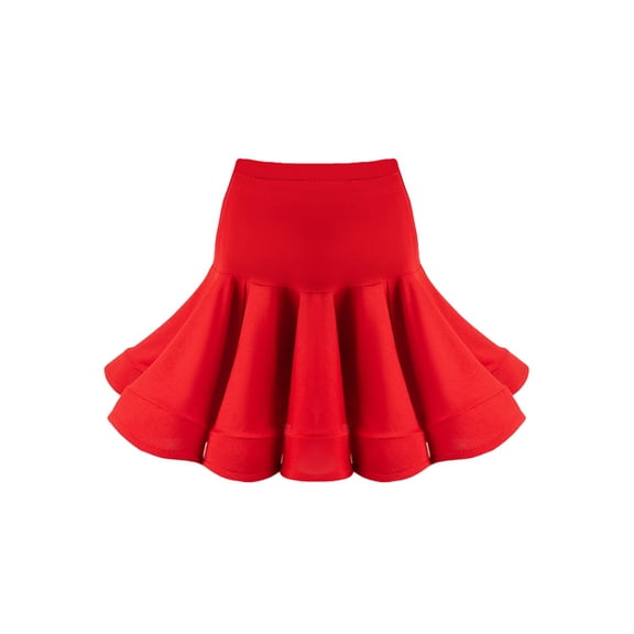 Girls Latin Dance Skirt with Built - in Shorts, Red Flared Hem Skirt for Dance Practice & Performance