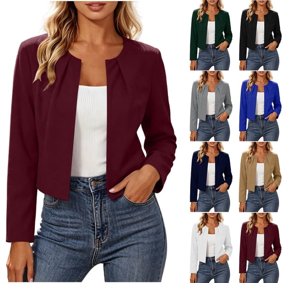 Admvng Womens Cropped Blazer Jacket Crew Neck Pleated Long Sleeve Slim Lightweight Casual Office Short Suit Coat