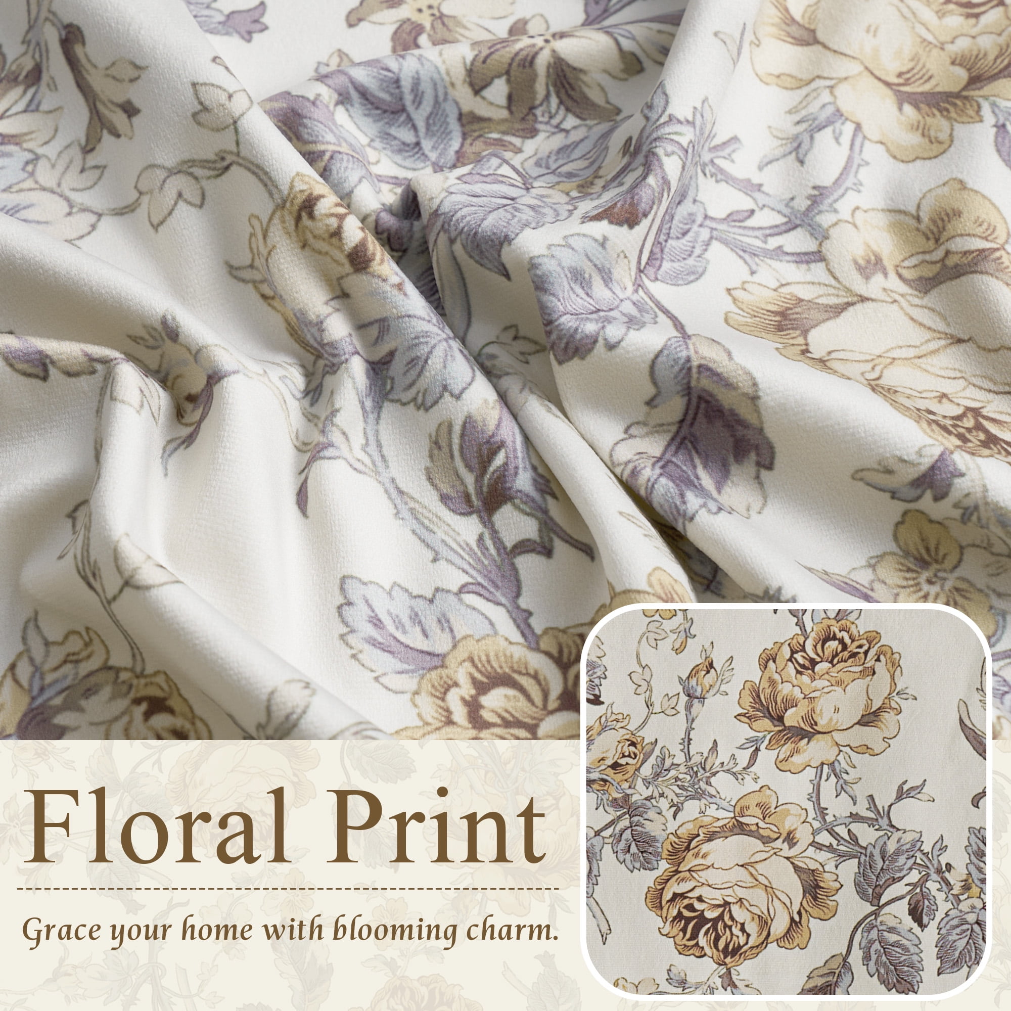 StangH Floral Velvet Curtains Vintage Peony Pattern Curtains French Country Room Darkening for Living Room, Beige, W52 x L84, 2 Panels