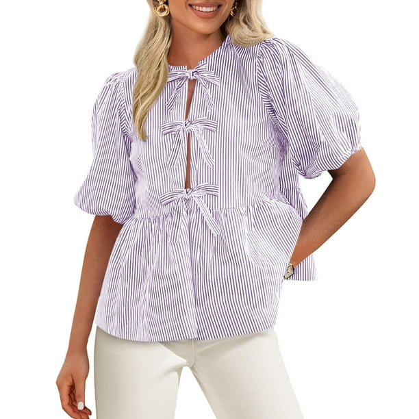 Blusa PRETTYGARDEN Camisa a rayas con lazo en la parte delantera para mujer 2025