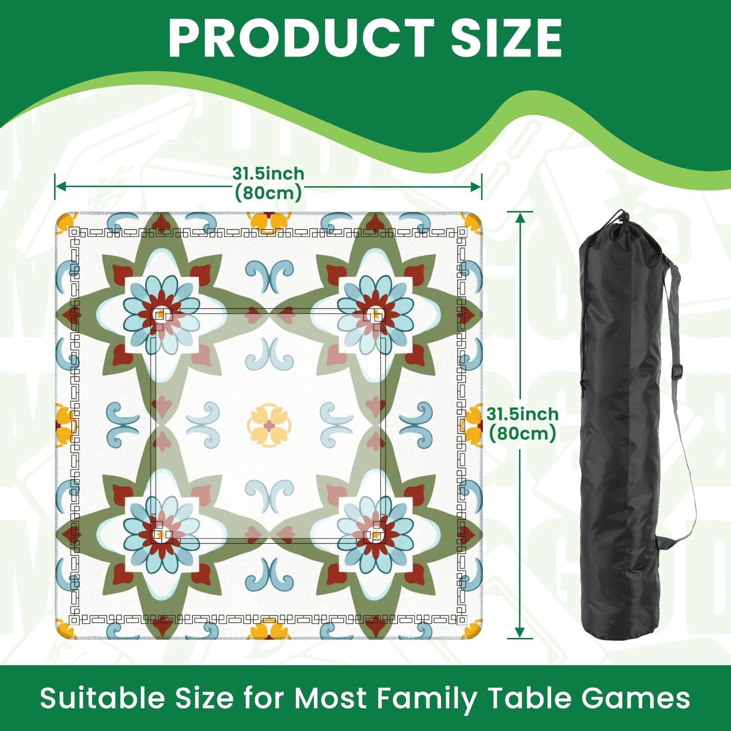 Mahjong Mat 31.5" x 31.5" Floral Geometric Soft Blues Reds White Non-Slip Noise Reduction American Mahjong Tiles Table Cover for Dominoes Poker Card Board Games Gift