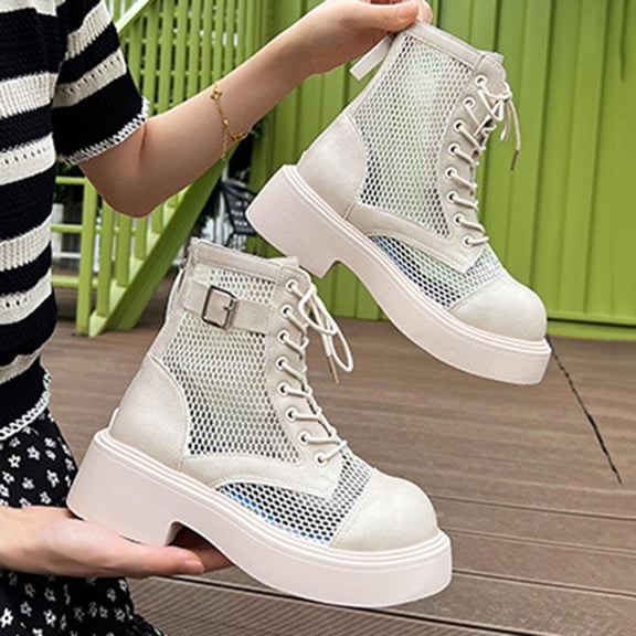 Jamicy Ankle Boots for Women Solid Color Mid Heel Booties Goth Round Toe Mesh Cutout Boots Women Lace Up Motorcycle Wedges