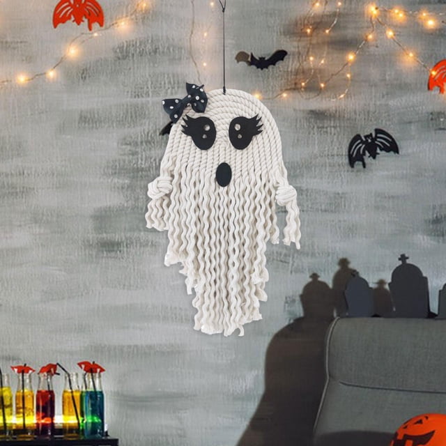 Decoración fantasma colgante de Halloween Fantasma tejido a mano Decoraciones navideñas Prop voladores lindos para Yard Festival Cementerio Macarena Colgante de Halloween