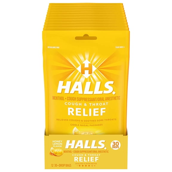Halls Honey Lemon Cough Drops - with Menthol - 360 Drops (12 bags of 30 drops)