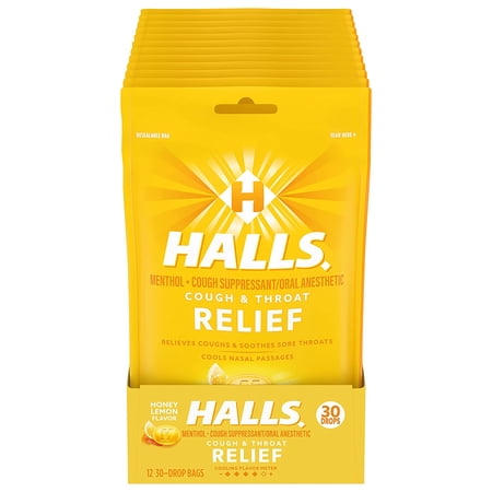 Halls Honey Lemon Cough Drops - with Menthol - 360 Drops (12 bags of 30 drops)
