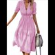 thumbnail image 1 of Vestido de Verano para Mujer, con Mangas Abullonadas y Volantes, Cuello en V, Cintura Alta, Informal, Holgado, A Rayas, Midi Rosa XL, 1 of 8