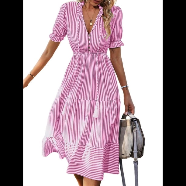 Vestido de Verano para Mujer, con Mangas Abullonadas y Volantes, Cuello en V, Cintura Alta, Informal, Holgado, A Rayas, Midi Rosa XL
