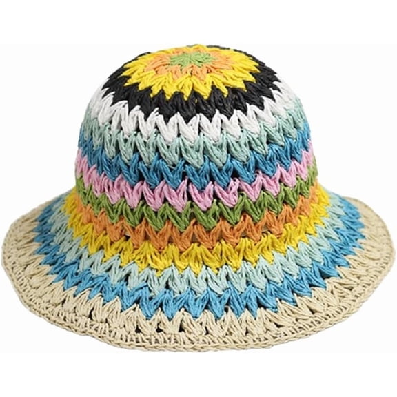 YooGuoGuo Straw Beach Straw Sun Hat Women Summer Crochet Colorful Rainbow Striped Bucket Hat Knit Woven Contrast Gradient Floppy Cap