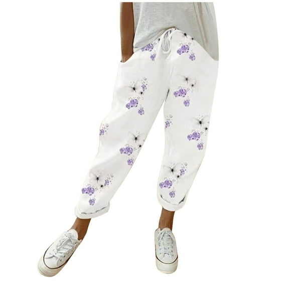EDFBUYKRS Female Women Pants Casual Business Pants for Women Petite Legging Women Fashion Print Casual Pocket Wide Leg Pants Elastic Waist Loose Ankle Length Trousers Xl