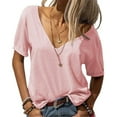 thumbnail image 3 of JYLPZYR Women's Fashion Deep V Neck Short Sleeve Top Solid Color Casual Loose Basic T Shirt (Pink,XXXL), 3 of 5