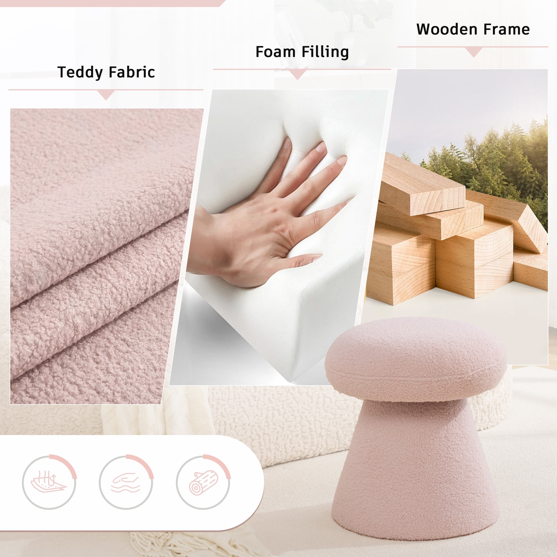 Noble House Arvion 360° Swivel Mushroom Ottoman, Round Teddy Vanity Footrest Dressing Chair for Living Rooms, Pink