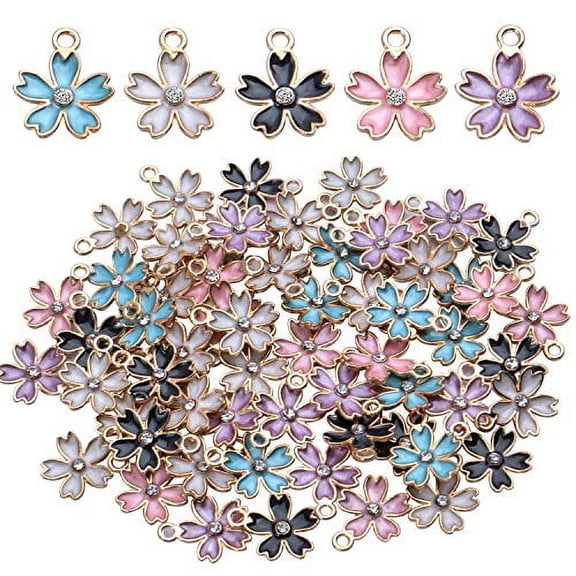 50pcs Cherry Blossom Pendant Enamel Flower Charms Jewelry Making Accessories for DIY Necklace Bracelet,14 * 17mm,5 Colors