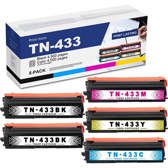 5-Pack(2BK 1C 1M 1Y) | Compatible TN433BK TN433C TN433M TN433Y Toner Cartridge Replacement for Brother HL-L8260CDW L8360CDW L8360CDWT L9310CDW L9310CDWT L9310CDWTT Printer Toner