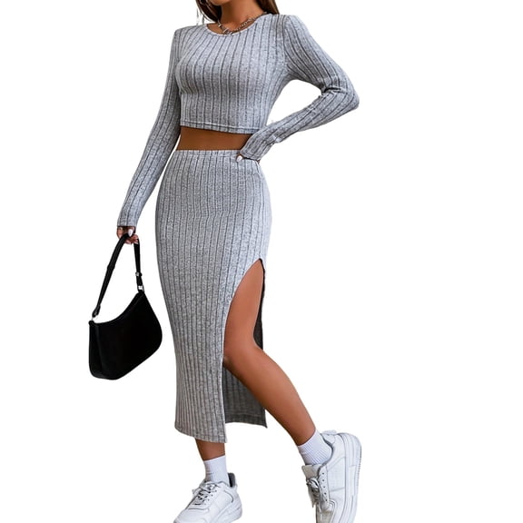 Casual Women'S Maxi Dress Long Sleeves Women'S Skirt Set Women'S Solid Color Casual Slim Fit Small Round Light Grey S