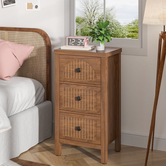 Oubayajia Mid Century Modern Chest of Drawers, Fluted Side Table with 3 Drawers, Wooden Small Dresser Nightstand for Bedroom Living Room