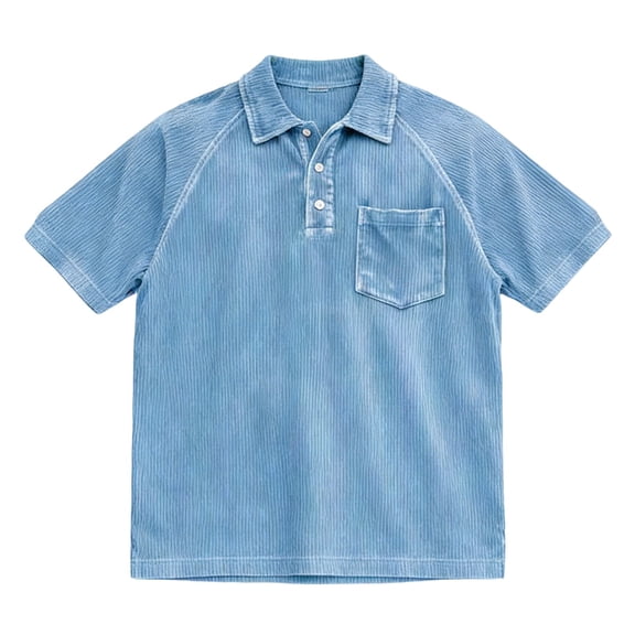 IWRICH Men's Corduroy Baggy Polo Shirts Button up Short Sleeve Collared T Shirts Casual Trendy Solid Color Shirts with Pocket Sky Blue XL