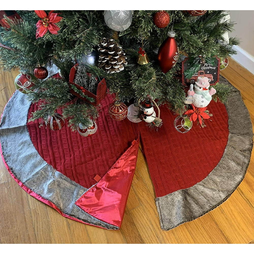 Christmas Tree Skirt Red Knit Large 48" Diameter, Brown Faux Fur Trim