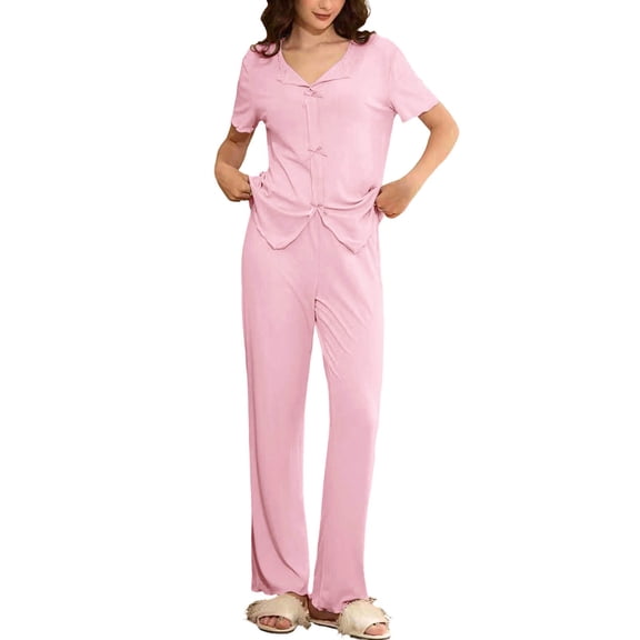 Summer Lounge Outfits for Women 2 Piece Bowknots Short Sleeve V Neck Shirt and Long Pants Soft Pjs Sets (XL, Pink)