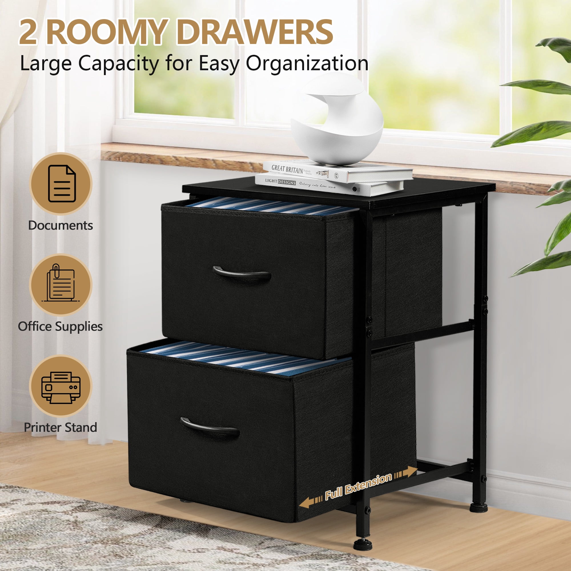Coliware File Cabinet, Modern Wood Filing Organizer Table with Drawer, Desk Table Cabinet Fits A4 Letter Size, Home Office Furniture for Under Desk Storage, Black Printer Stand Table