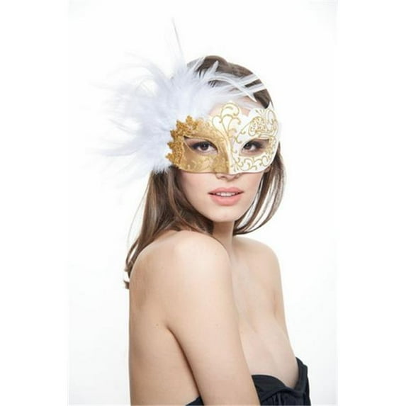 Plastic Royal Venetian Masquerade Mask with Glitter & Feathers, Gold & White - One Size
