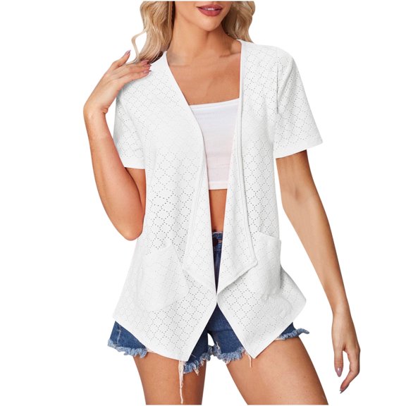 ATOYSOY Women's Short Sleeve Crochet Cardigan , Open Front Summer Eyelet Hollow Cardigan with Pockets S