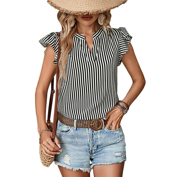 Women's Summer Top - Striped Ruffle Short Sleeves, V-Neck, Casual Fashionable Shirt in Black & White, Size XL
