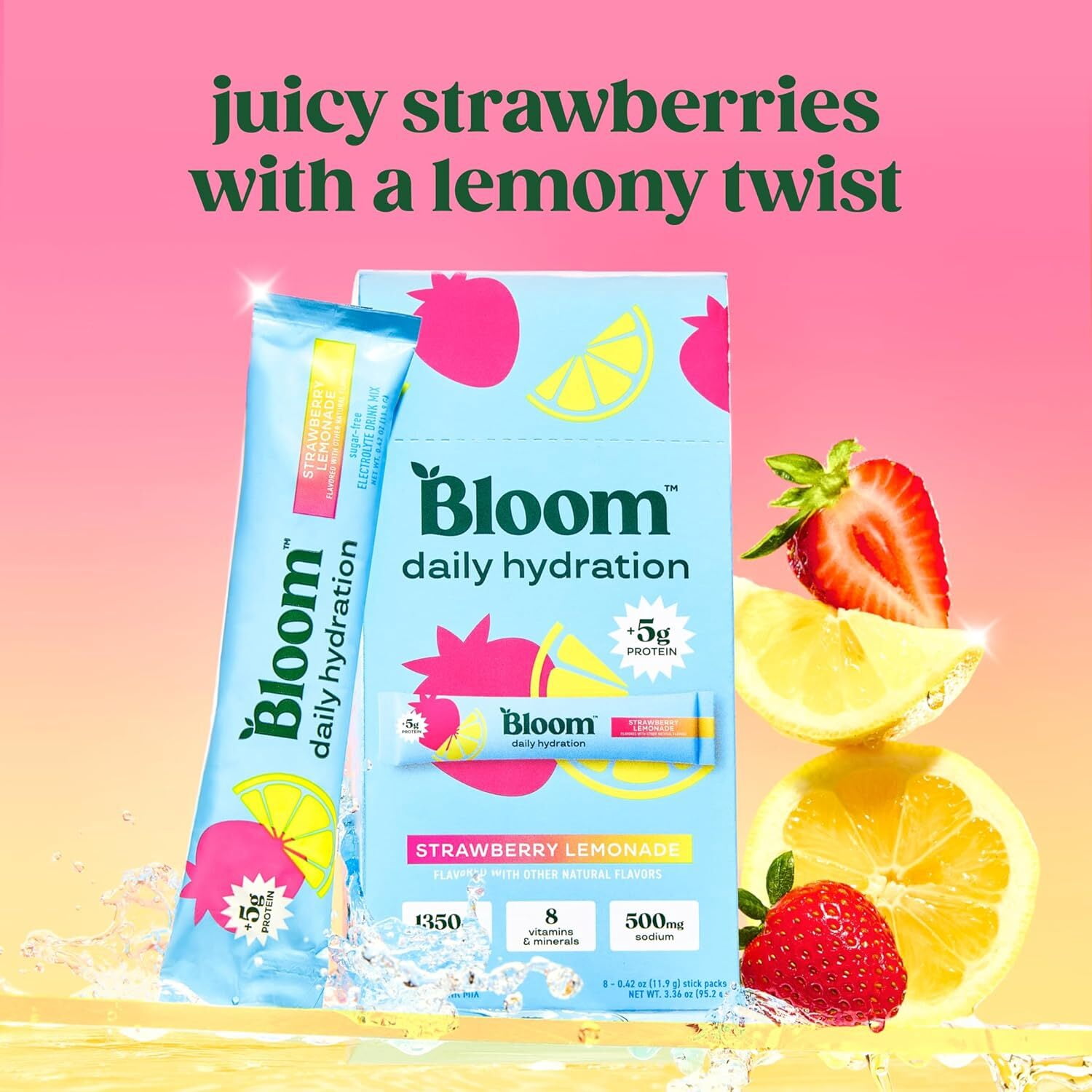 Bloom Nutrition Daily Hydration Electrolyte Drink Mix, Strawberry Lemonade, 5 Count