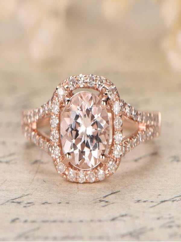 1.25 carat Morganite and Diamond Halo Engagement Ring in 10k Rose Gold ...