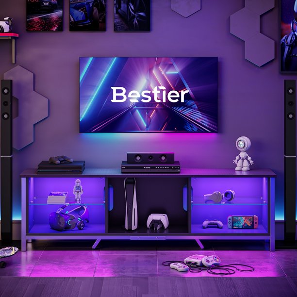 Bestier TV Stand for TVs up to 80" with LED Lights Modern Gaming Entertainment Center Carbon