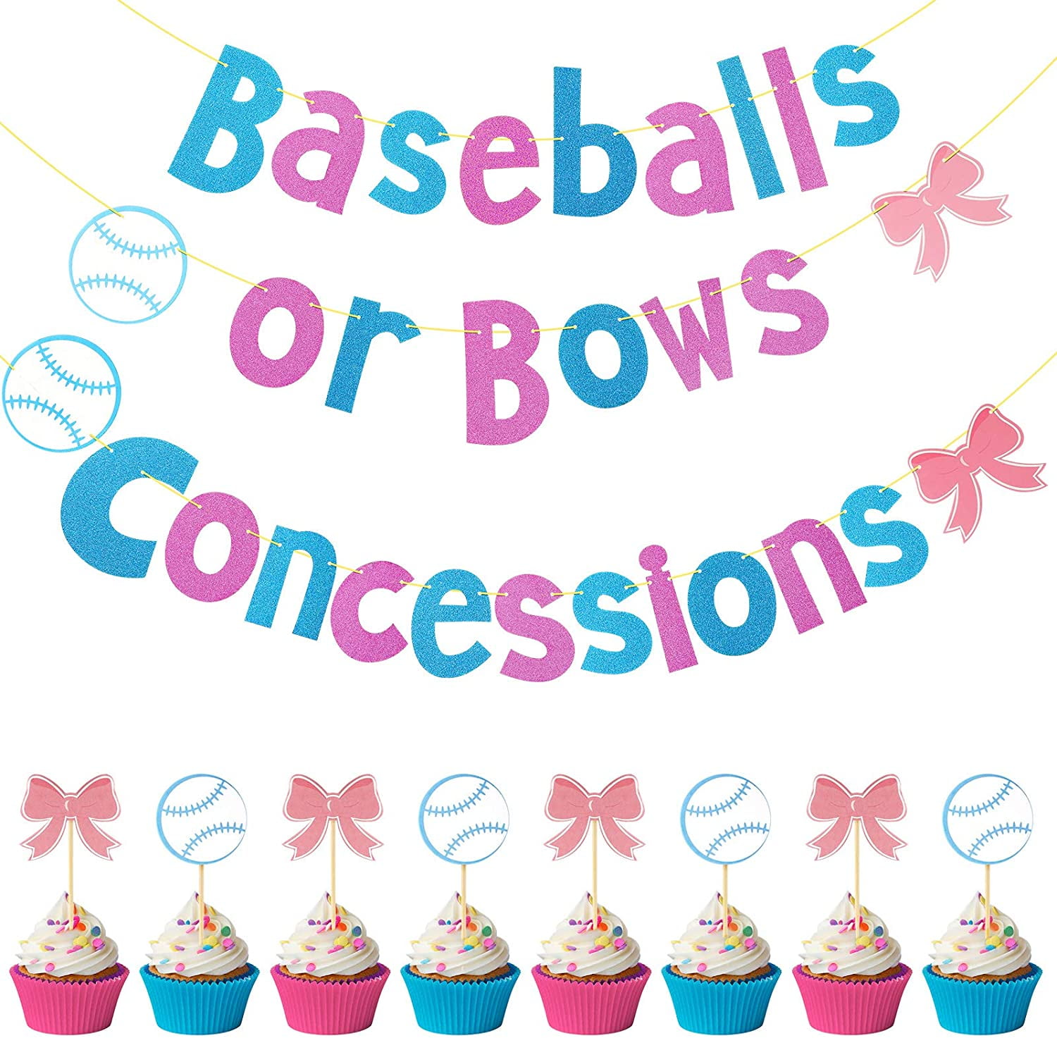 26 Pieces Baseballs Or Bows Banner And Cupcake Toppers Concessions Banner Baseball Cake Toppers Bow Dessert Toppers Gender Reveal Themed Party Supplies For Baby Shower Party Decoration Walmart Canada