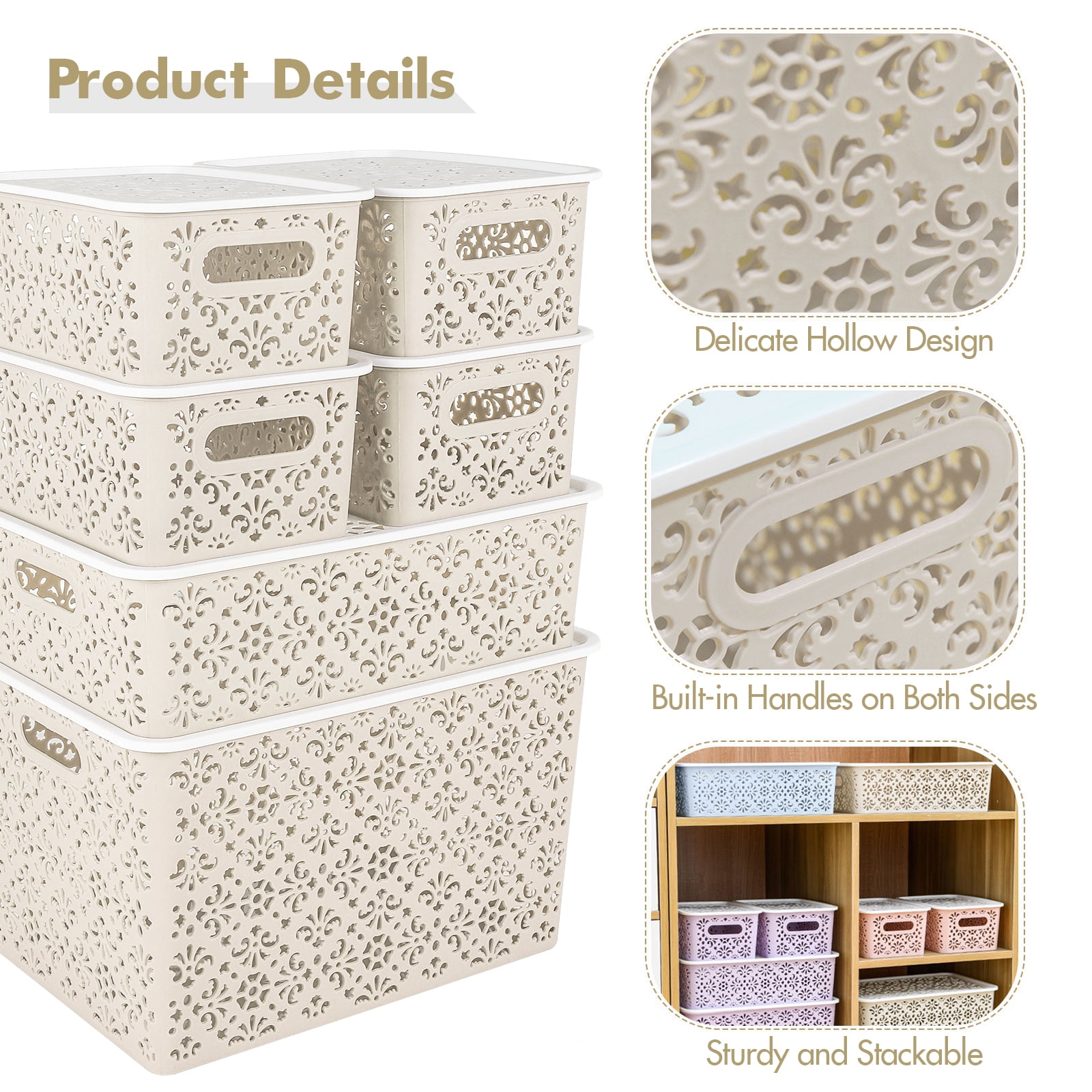 ANMINY Lace-Design Storage Bins, 6 ct, Beige
