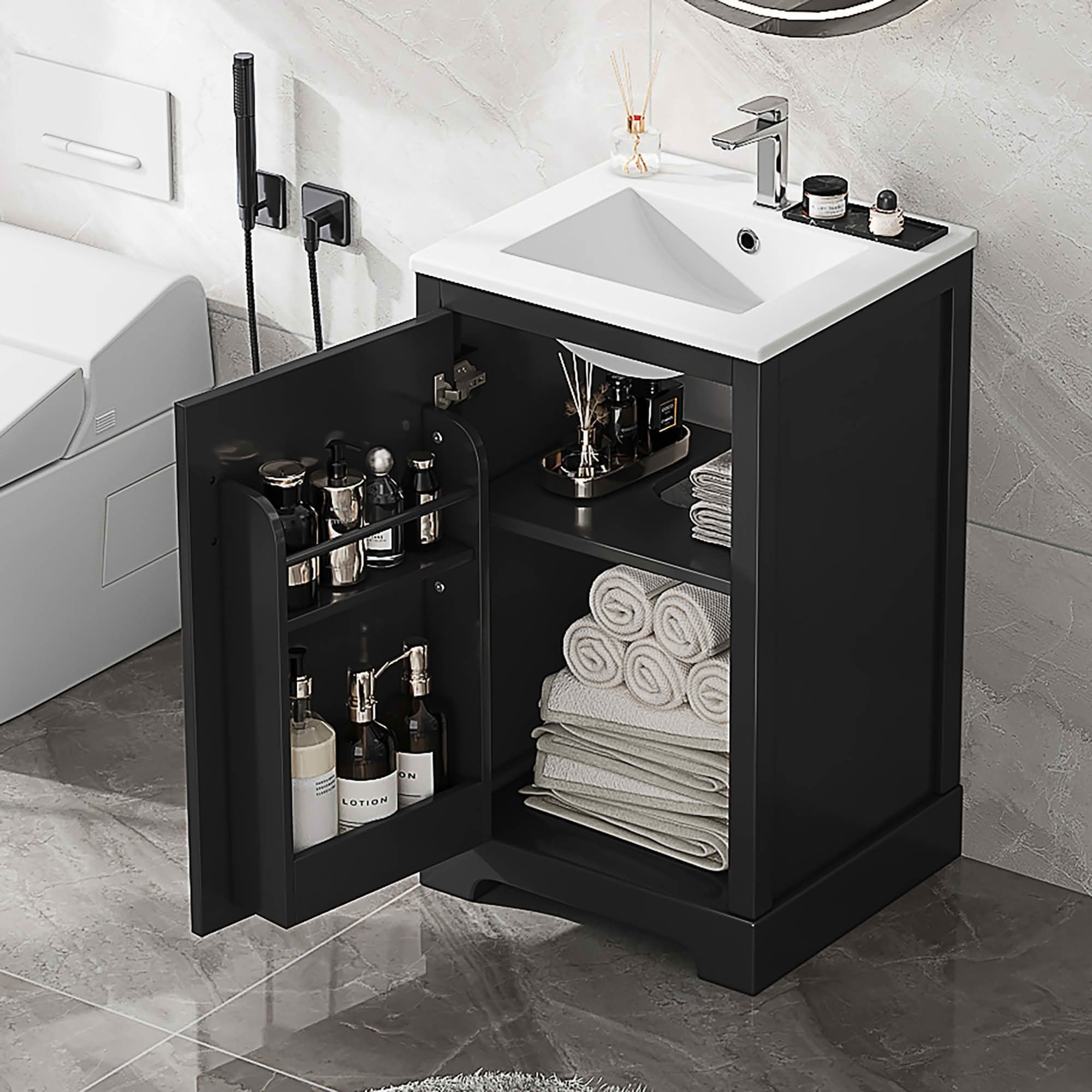 MAYEERTY 30" Bathroom Vanity with Sink Black MDF Rubberwood 3 Drawers Adjustable Shelf Freestanding