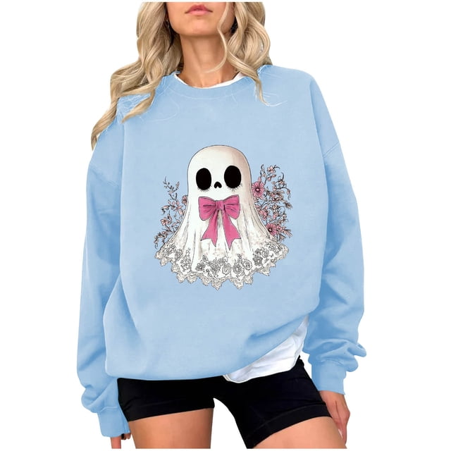 Chandail en Molleton Imprimé Fantôme pour Femmes Chandail Léger et Chaud Blouses Col Rond Manches Longues Ultra Doux Texturé Tenues de Printemps 2025 Chandail Automne Hiver Vêtements