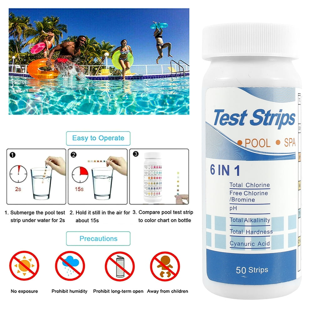 Bazgo 6 IN 1 Pool Spa Hot Tub Water Test Strips Easy and Quick Detect PH for Swimming Pool and Spa Treatment Hot Tubs Water Quality Test 50Pcs