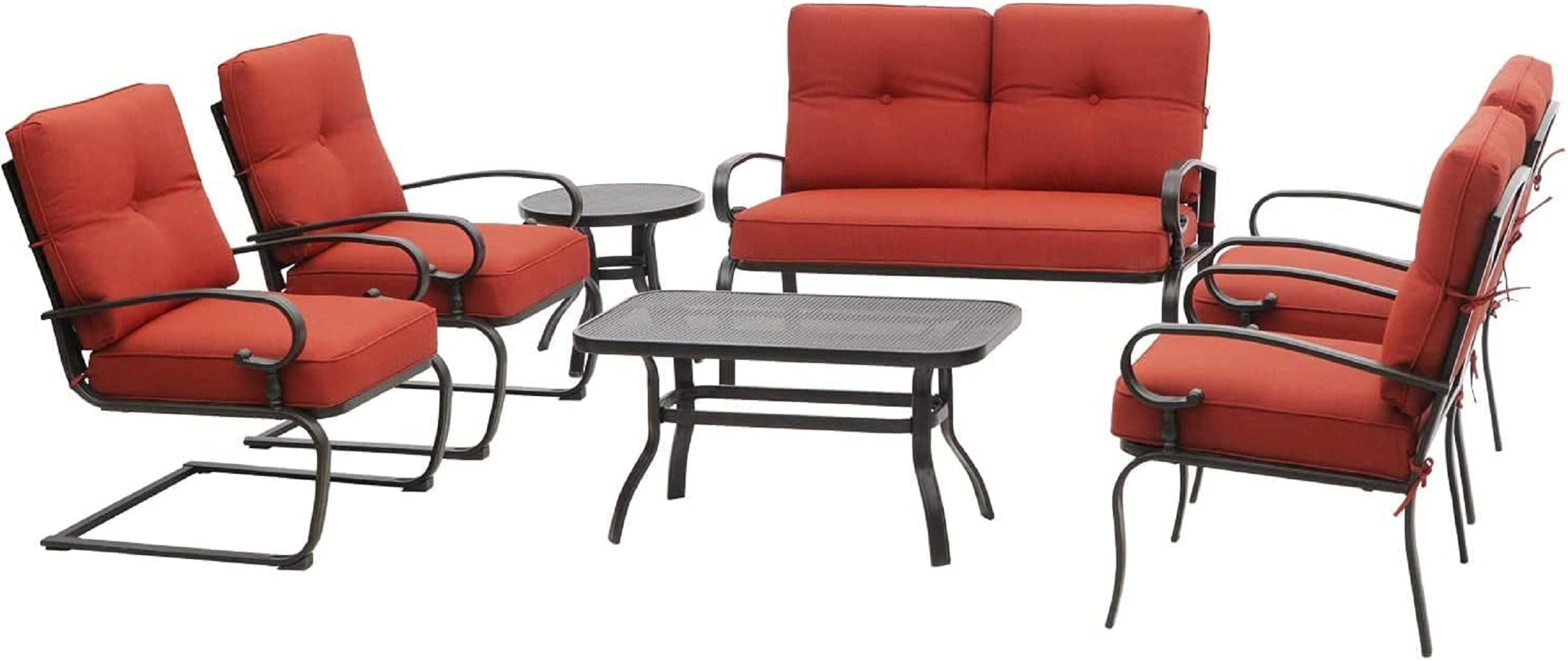 SOLAURA 7-Piece Patio Furniture Outdoor Metal Conversation Set (2 Spring Chairs, 2 Patio Chairs, Loveseat with Coffee Table and Side Table) - Red