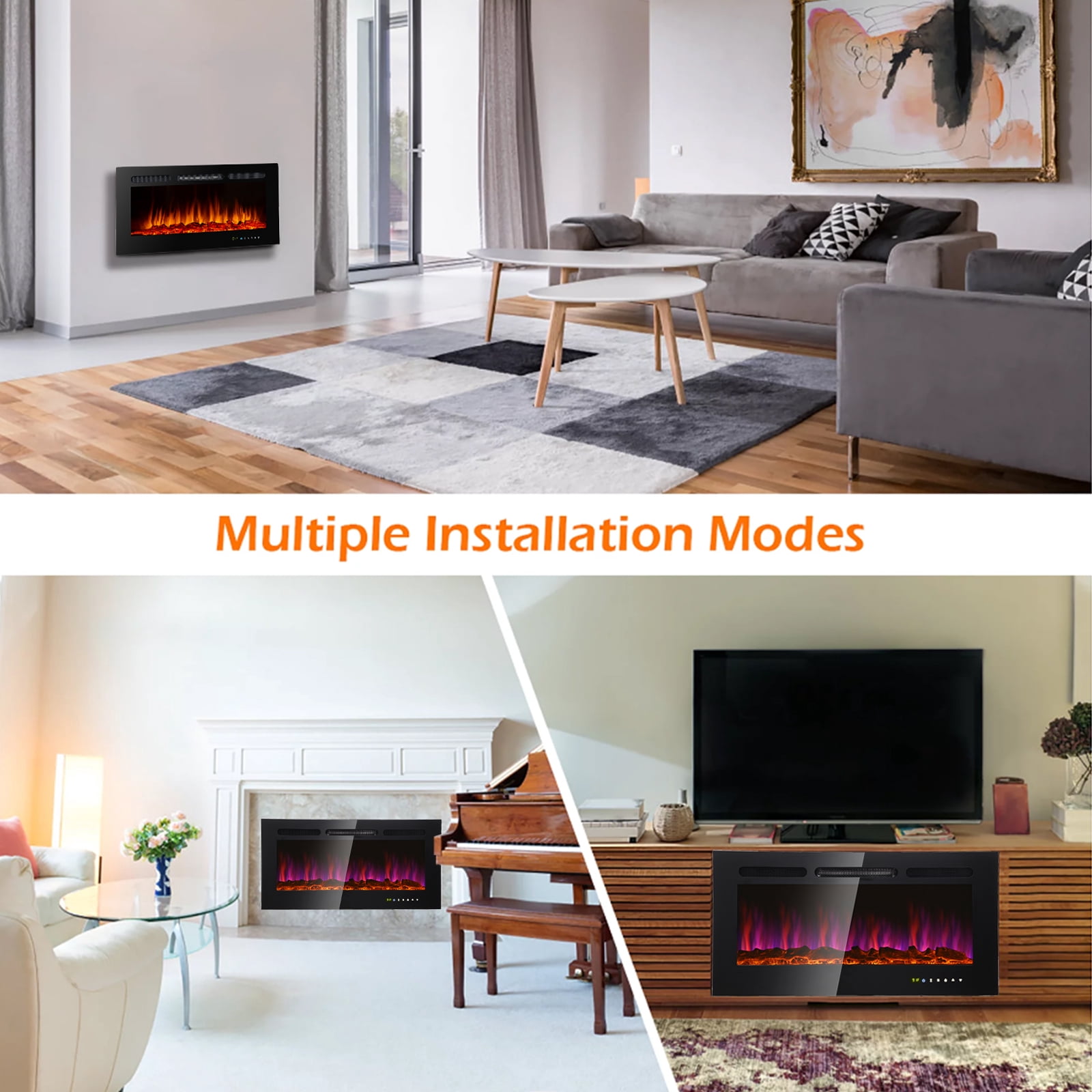 SKONYON 36" Electric Fireplace Recessed Ultra Thin Wall Mounted Heater w/Multicolor Flame