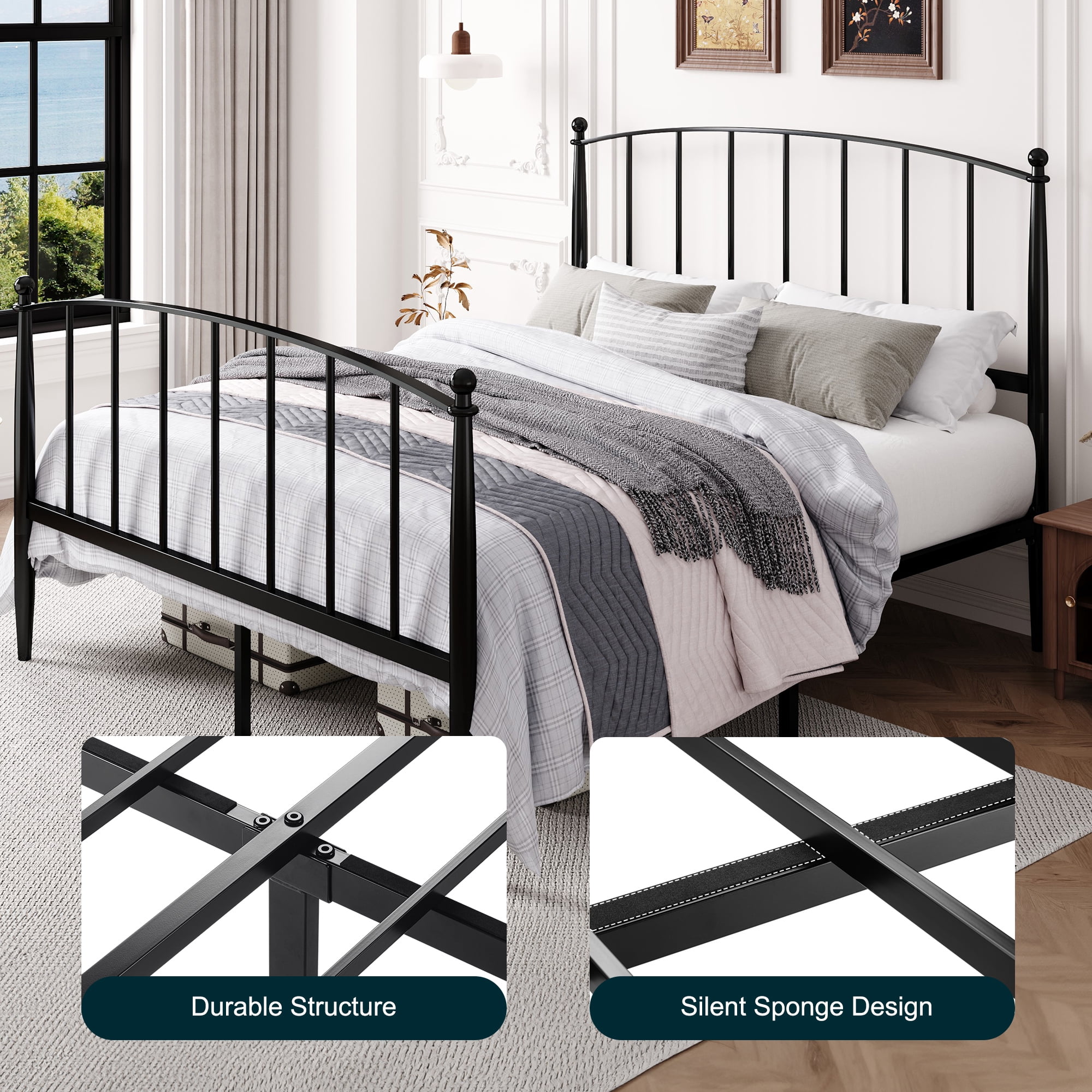 Amolife Queen Bed Frame, Metal Platform Bed with Curved Headboard and Footboard, Ample Under-Bed Storage Space, No Box Spring Needed, Black