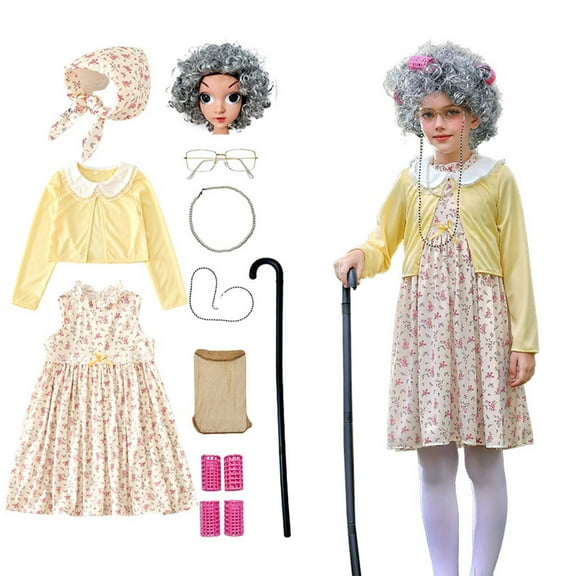 Toddler Old Lady Outfit for Girls Kids 100 Days of School Outfit for Girls Grandma Outfit for Girls 10PCS Set Dress Up Outfit for Girls