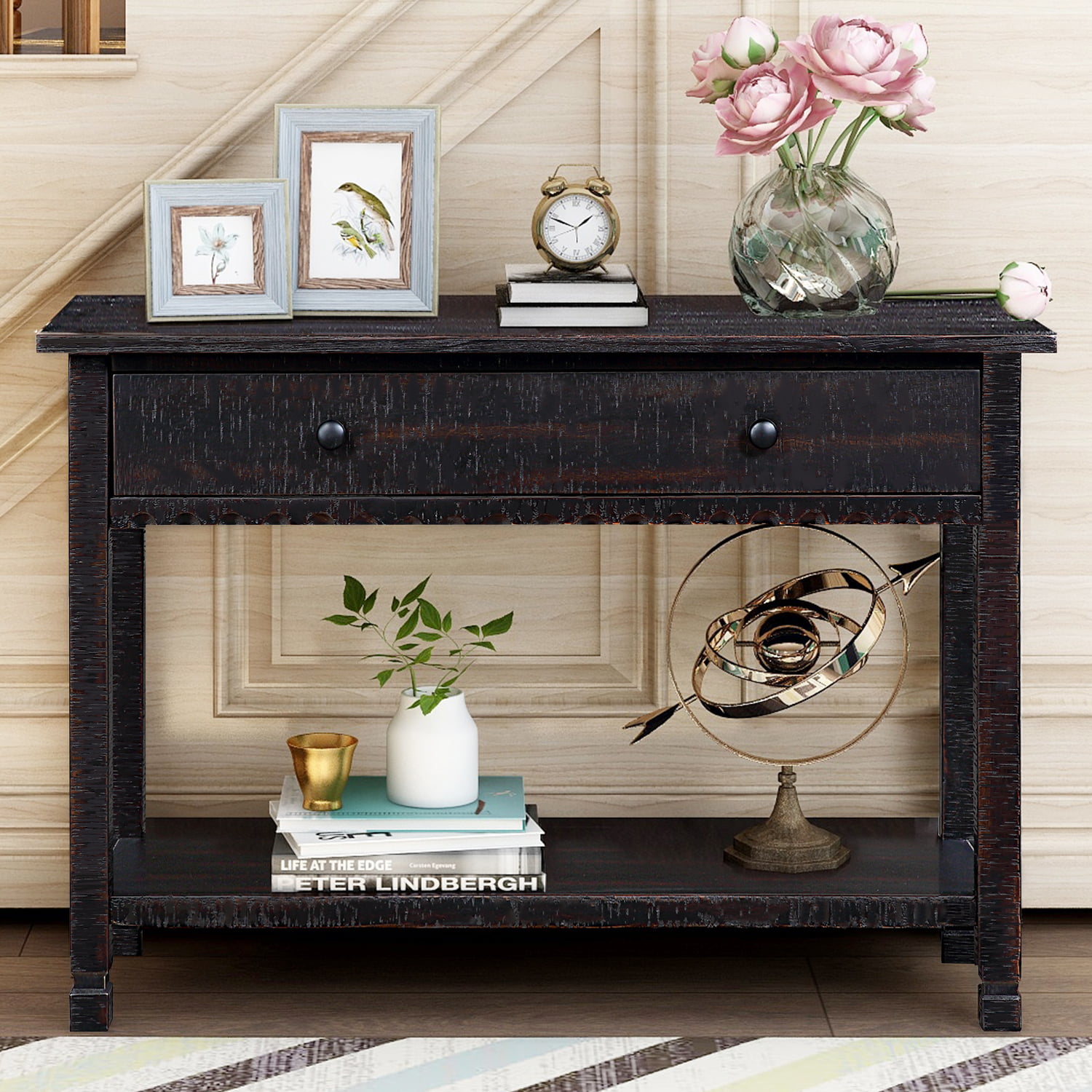 Entryway Table with Storage Drawers, BTMWAY Narrow Wood Rustic Console