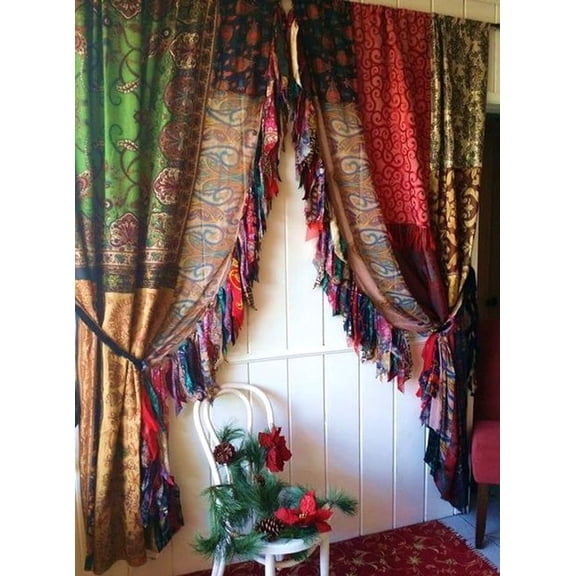 RAJBHOOMI HANDICRAFTS 2 Pcs of Indian Vintage Light-Filtering Sari Colorful Curtains- Multi Color Handmade Patchwork Curtains Drapes Home Decor Curtain (Assorted)
