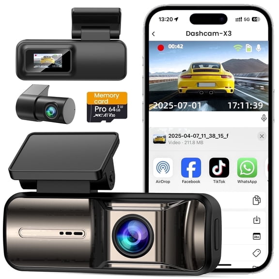 KHOCOEE 4K Dash Cam Front and Rear 1080P, 5GHz Wi-Fi App, 170° Wide Angle Dashcam with 64GB Card, Night Vision, G-Sensor, 24H Parking Monitor(X3)